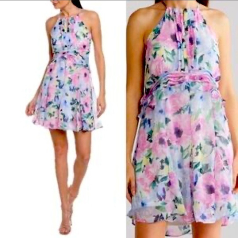 Tahari by Andrew S. Levine Pink Floral A-Line Chiffon Mini Dress, Wedding Guest - Picture 1 of 9